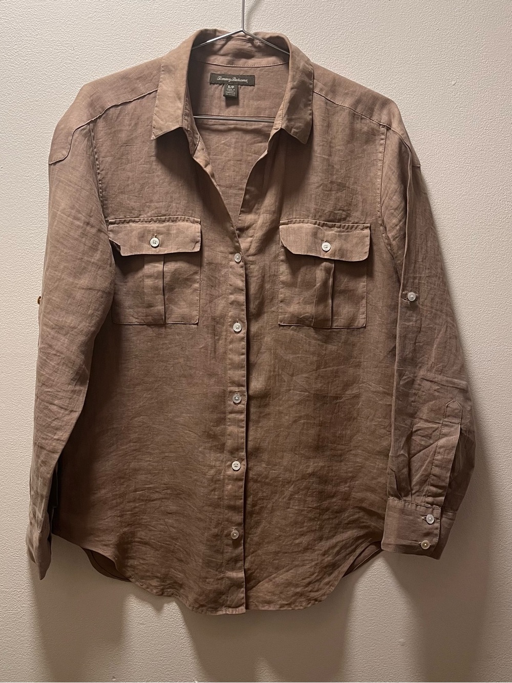 Tommy Bahama Coastal Grandma 100% Linen Long Sleeve Button Shirt, Sz SP, Taupe